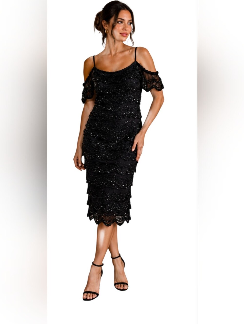 Vintage STENAY Off Shoulder Scalloped Heavy Beaded Cocktail Dress. Black. Size 6